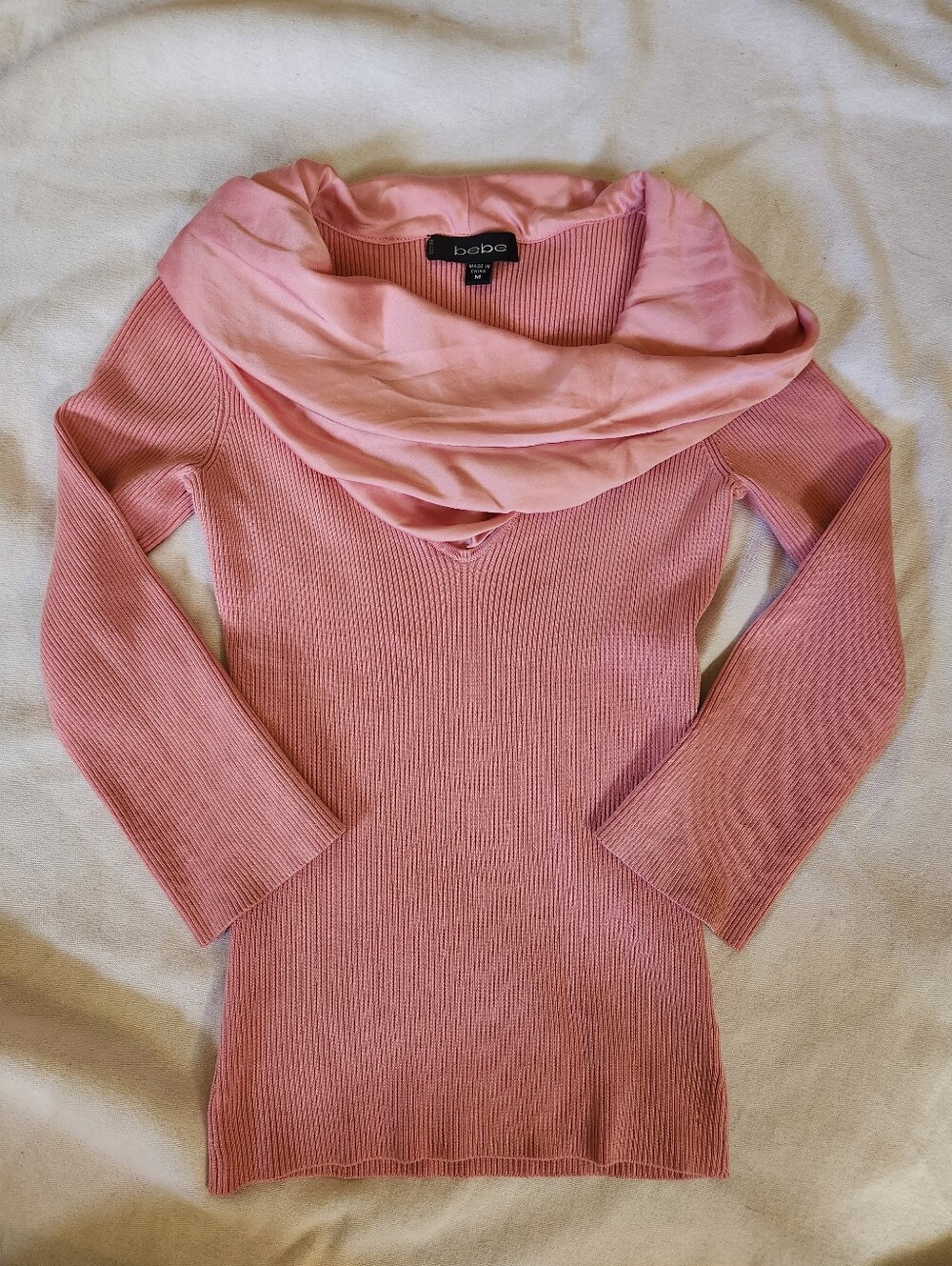 Bebe Silk Blend Pink Ribbed Cowl Neck Sweater Top Size M